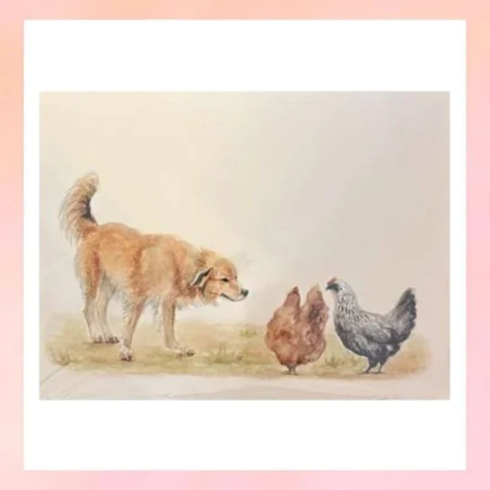 Watercolor Farmhouse Art: Golden Dog and Chickens Illustration